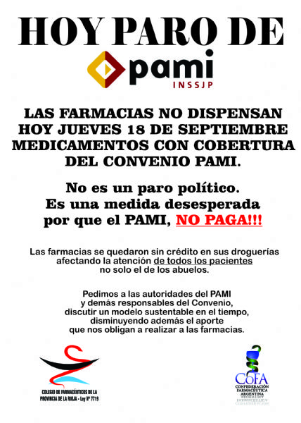 Propietarios de farmacias resolvieron no atender PAMI el 18 de septiembre