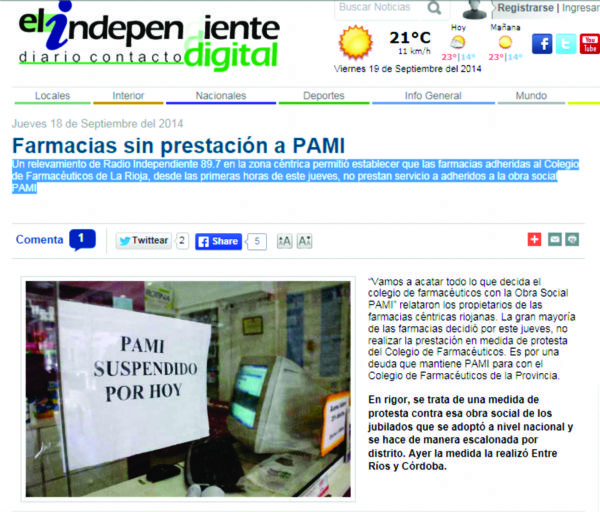 El independiente: Farmacias sin prestación a PAMI