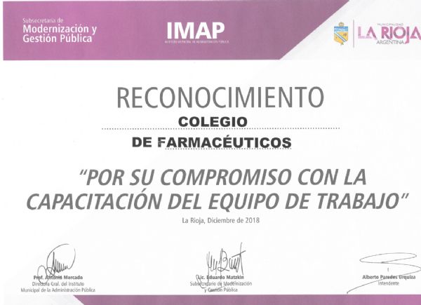 RECONOCIMIENTO DE LA MUNICIPALIDAD CAPITAL DE LA RIOJA AL COLEGIO DE FARMACEUTICOS